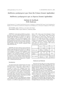 Malthonica Podoprygorai Sp.N. from the Crimea (Aranei: Agelenidae)