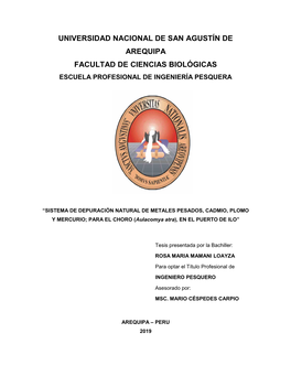 Universidad Nacional De San Agustín De Arequipa Facultad De Ciencias Biológicas Escuela Profesional De Ingeniería Pesquera