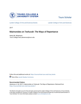 Maimonides on Teshuvah: the Ways of Repentance