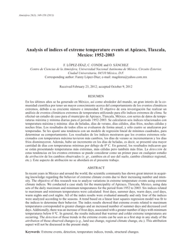 Analysis of Indices of Extreme Temperature Events at Apizaco, Tlaxcala, Mexico: 1952-2003