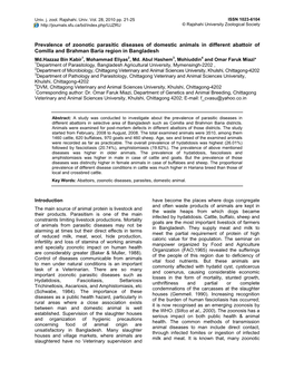 Prevalence of Zoonotic Parasitic Diseases of Domestic Animals In