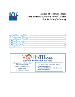 League of Women Voters 2018 Primary Election Voters' Guide for St. Mary's County