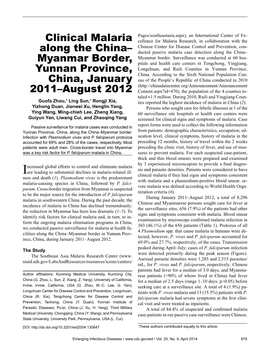 Clinical Malaria Along the China– Myanmar Border, Yunnan Province