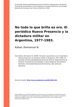 No Todo Lo Que Brilla Es Oro. El Periódico Nueva Presencia Y La Dictadura Militar En Argentina, 1977-1983