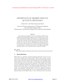 Importance of Hilbert Space in Quantum Mechanics