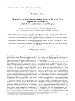 New Reports of Acari Ectoparasites on Lizards of the Genus Plica (Squamata: Tropiduridae) and a List of Parasites Known from This Genus