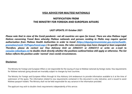 Visa Advice for Maltese Nationals Notification from the Ministry For