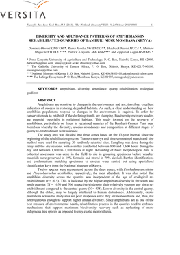 Diversity and Abundance Patterns of Amphibians in Rehabilitated Quarries of Bamburi Near Mombasa (Kenya)