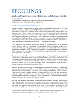 Principles of Modern American Counterinsurgency: Evolution and Debate,” the Brookings Institution, Counterinsurgency and Pakistan Paper Series, No