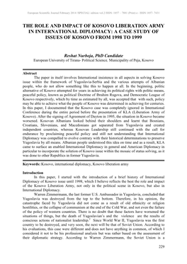 The Role and Impact of Kosovo Liberation Army in International Diplomacy: a Case Study of Issues of Kosovo from 1998 to 1999