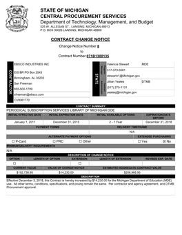 STATE of MICHIGAN CENTRAL PROCUREMENT SERVICES Department of Technology, Management, and Budget 525 W