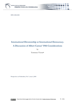 International Dictatorship Or International Democracy. a Discussion of Albert Camus’ 1946 Considerations by Tommaso Visone