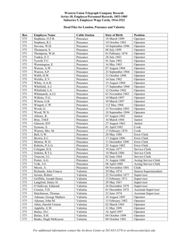 Western Union Telegraph Company Records Series 18, Employee/Personnel Records, 1852-1985 Subseries 5, Employee Wage Cards, 1914-1922
