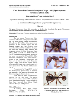 First Record of Genus Pristomyrmex Mayr 1866 (Hymenoptera: Formicidae) from India