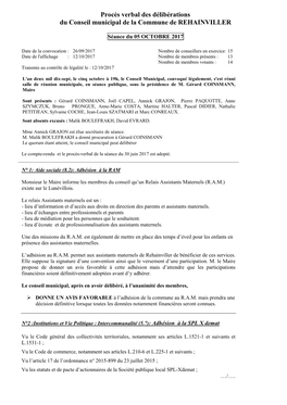 Procès Verbal Des Délibérations Du Conseil Municipal De La Commune De REHAINVILLER