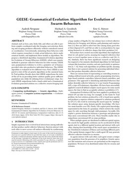 GEESE: Grammatical Evolution Algorithm for Evolution of Swarm Behaviors Aadesh Neupane Michael A