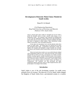 Development of Intercity Mode Choice Models for Saudi Arabia