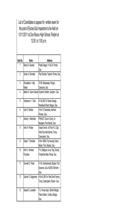 List of Candidates to Appear for Written Exam for the Post of Excise Sub Inspectors to Be Held on 13/11/2011 at Don Bosco High School, Panjim at 12:00 to 1:00 P.M