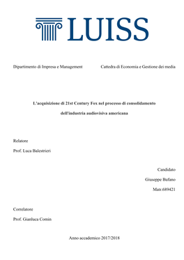 Dipartimento Di Impresa E Management Cattedra Di Economia E Gestione Dei Media