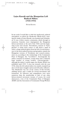 Lajos Kassák and the Hungarian Left Radical Milieu (1926–1934)