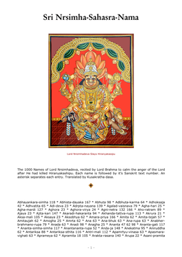 The 1000 Names of Lord Nrsimhadeva, Recited by Lord Brahma to Calm the Anger of the Lord After He Had Killed Hiranyakashipu