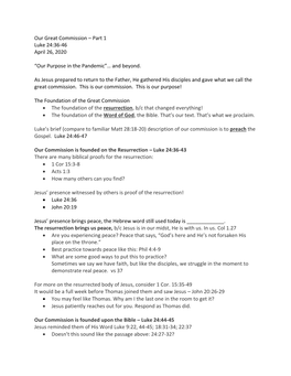 Our Great Commission – Part 1 Luke 24:36-46 April 26, 2020