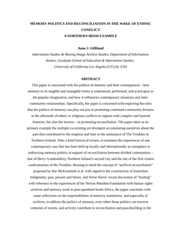 Memory Politics and Reconciliation in the Wake of Ethnic Conflict a Northern Irish Example