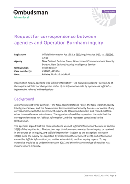 Request for Correspondence Between Agencies and Operation Burnham Inquiry