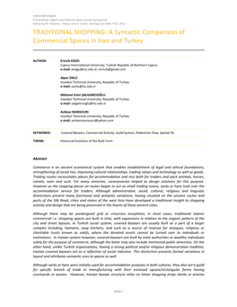TRADITIONAL SHOPPING: a Syntactic Comparison of Commercial Spaces in Iran and Turkey