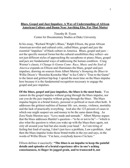 Blues, Gospel and Jazz Impulses: a Way of Understanding of African American Culture and Damn Near Anything Else, for That Matter