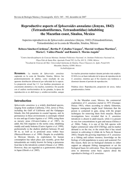 Reproductive Aspects of Sphoeroides Annulatus (Jenyns, 1842) (Tetraodontiformes, Tetraodontidae) Inhabiting the Mazatlan Coast, Sinaloa, Mexico