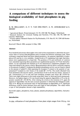 A Comparison of Different Techniques to Assess the Biological Availability of Feed Phosphates in Pig Feeding