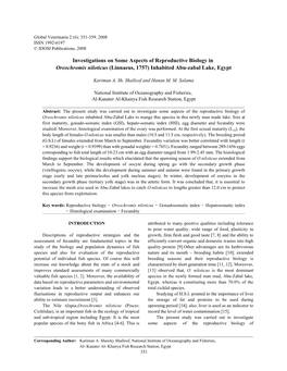 Investigations on Some Aspects of Reproductive Biology in Oreochromis Niloticus (Linnaeus, 1757) Inhabited Abu-Zabal Lake, Egypt