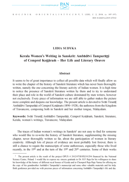 Kerala Women's Writing in Sanskrit: Ambādevi Tampurāṭṭi of Cemprol