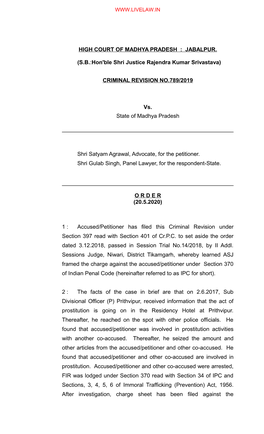 HIGH COURT of MADHYA PRADESH : JABALPUR. (S.B.:Hon'ble Shri Justice Rajendra Kumar Srivastava) CRIMINAL REVISION NO.789/2019 V