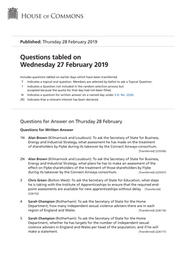 Questions Tabled on Wed 27 Feb 2019