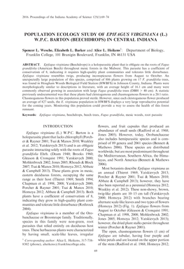 Population Ecology Study of Epifagus Virginiana (L.) W.P.C. Barton (Beechdrops) in Central Indiana