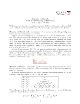 Binomial Coefficients Math 217 Probability and Statistics