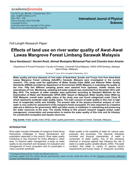 Effects of Land Use on River Water Quality of Awat-Awat Lawas Mangrove Forest Limbang Sarawak Malaysia