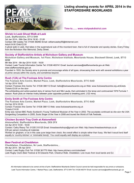Listing Showing Events for APRIL 2014 in the STAFFORDSHIRE MOORLANDS