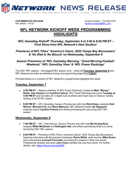 Nfl Network Kickoff Week Programming Highlights