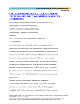 Call for Papers: the Politics of African Patriography: Writing Fathers in African Literatures