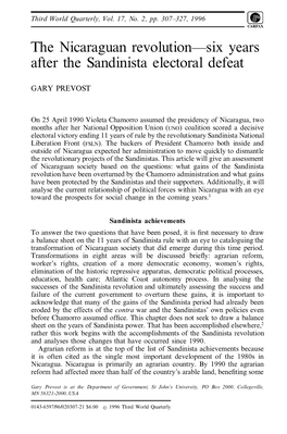 The Nicaraguan Revolution–Six Years After the Sandinista Electoral Defeat