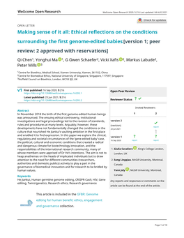 Ethical Reflections on the Conditions Surrounding the First Genome-Edited Babies [Version 1; Peer Review: 2 Approved with Reservations]