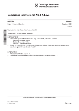 AS&A Level Cambridge International History 9389/12 Paper 1 May/June