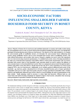 Socio-Economic Factors Influencing Smallholder Farmer Household Food Security in Bomet County, Kenya