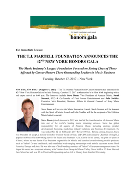 The T.J. Martell Foundation Announces the 42Nd New York Honors Gala