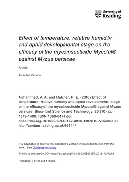 Effect of Temperature, Relative Humidity and Aphid Developmental Stage on the Efficacy of the Mycoinsecticide Mycotal® Against Myzus Persicae