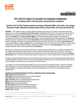 News Release. Tiff Tips Its Toque to The