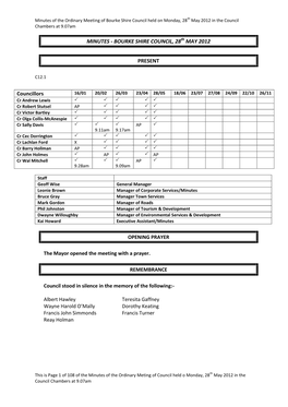 Minutes of the Ordinary Meeting of Bourke Shire Council Held on Monday, 28Th May 2012 in the Council Chambers at 9.07Am